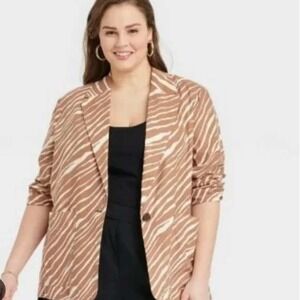 A New Day Women Brown Zebra Print Blazer Button Front Pockets Size M NWT